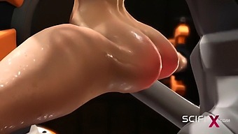 Seorang Wanita Pirang Cantik Terlibat Dalam Pertemuan Seksual Yang Intens Dengan Kecerdasan Buatan Di Laboratorium Futuristik.